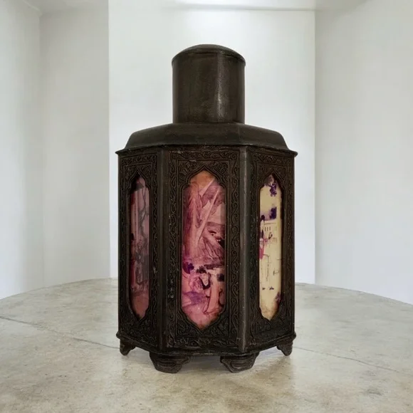 Early 1900's Chinese Shantou Pewter Tea Caddy With Reverse Painted Glass Panels - Picture 3 of 10